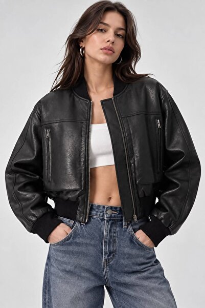 COJIKO Bomber Textured Zippered Double Pocket Black Leather Jacket