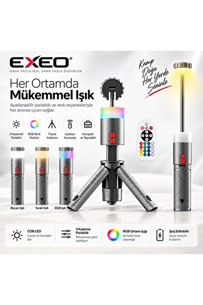 exeo Şarjlı Kamp Feneri Teleskopik Lamba RGB LED Işık Kumandalı 10000 mAh Powerbank Özellikli