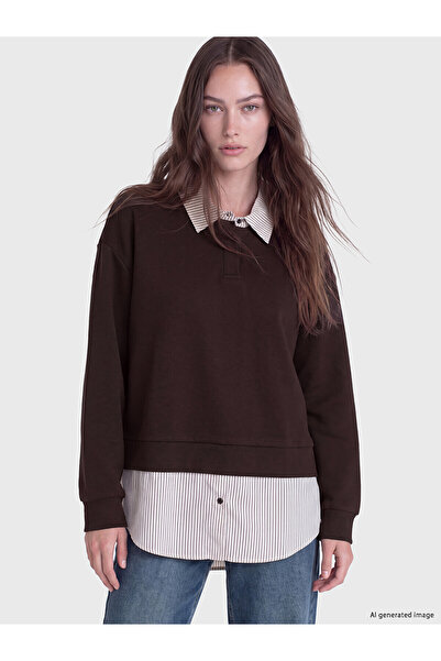 LC Waikiki Nevavm Lcw Modest Brown Interlock Plain Loose & Baggy Women's Swea...