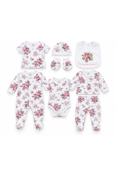 Bubu Set de bebeluși din bumbac, 8 piese, ambalat într-o pungă tip plasă cu dantelă și umeraș, Model Trandafiri.