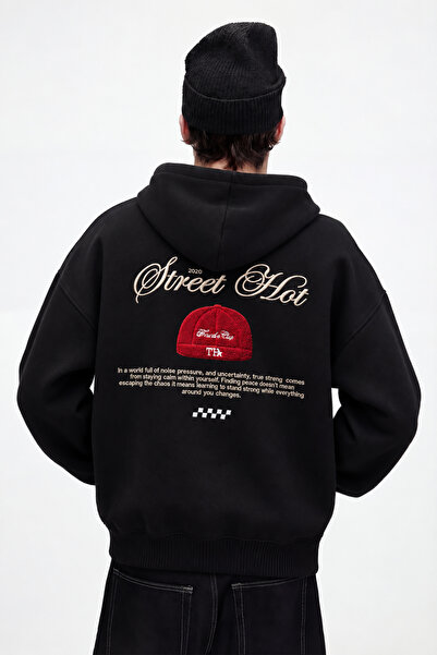 Nakış Detaylı Oversize Hoodie Kapüşonlu Erkek Sweatshirt Unisex - Siyah