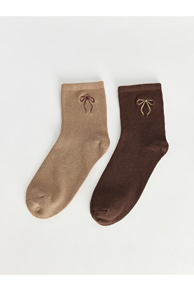 LC Waikiki Two Mt Shop Quality Lcw Dream Gray Embroidered 2-Pack Women's Socks