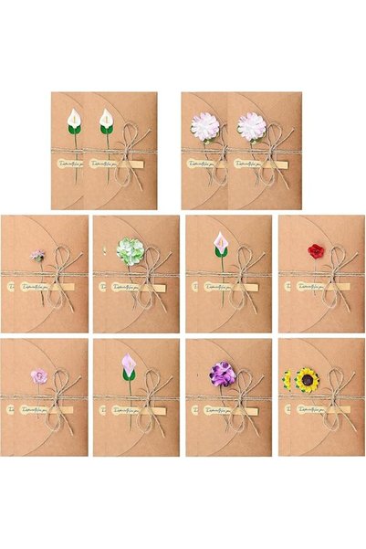 KASTWAVE 20 Pack Retro Kraft Paper Greeting Cards with Dried Flowers, Blank T...