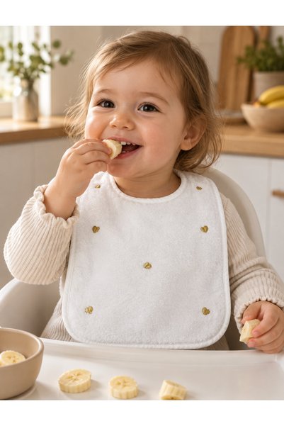 la lune home Baby Feeding Bib 100% Cotton Terry Fabric with Velcro Fastener and Gold Heart Embroidery
