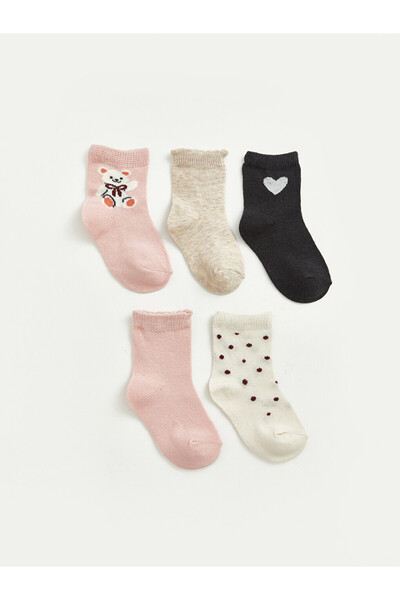 LC Waikiki Rmz Gi̇yi̇m Farkiyla Embroidered Baby Girl 5-Piece Sock Set