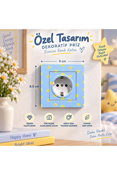 Vass Bros Açelya’s Tasarım 03 Mavi Sarı Yıldızlı Dekoratif Topraklı Priz
