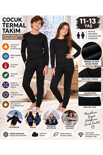 Genel Markalar 11-13 Yaş Unisex Çocuk Siyah Termal İçlik Takım – Alt Üst Term...
