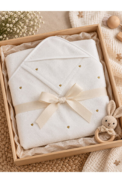 la lune home 100% Cotton Hooded Baby Swaddle Towel 90X90 cm with Gold Heart Embroidery