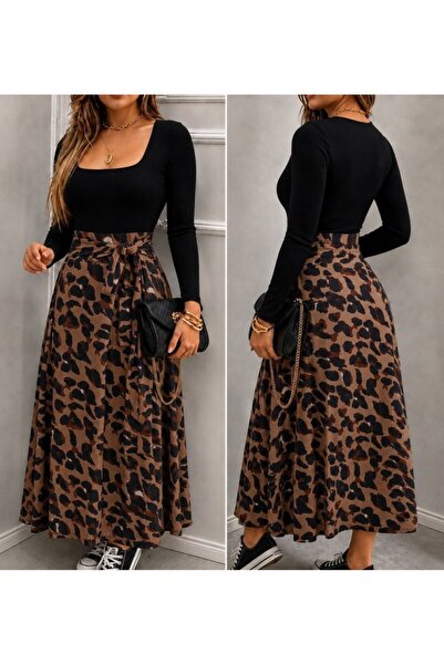 Generic Brand Women's Long Sleeve Square Collar Viscose Skirt Patterned Singl...
