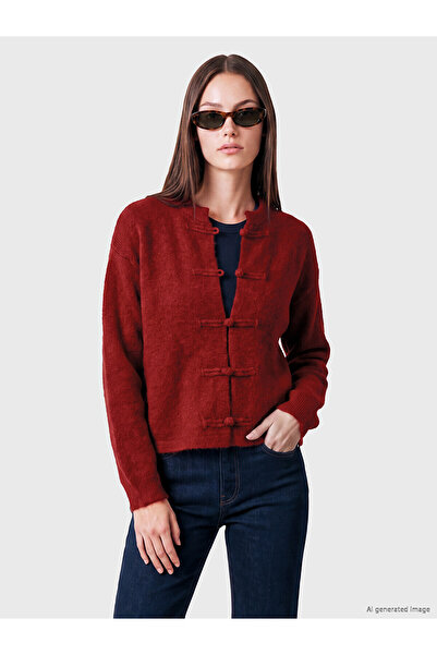 LC Waikiki Lcw Modest Red Knitwear Plain Short Women's Cardigan with Nevavm D...