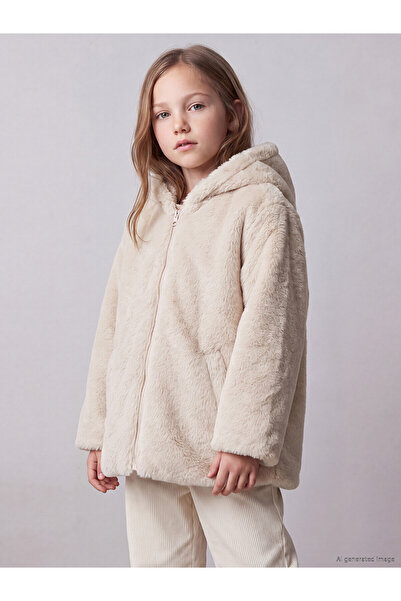 LC Waikiki Two Mt Shop Quality Lcw Kids Ecru Plain Loose & Baggy Girls' Coat