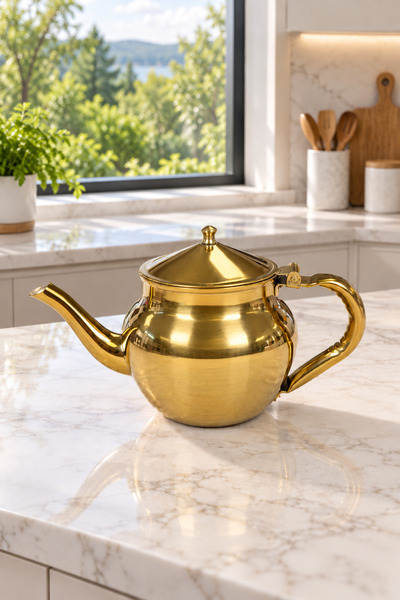 Gold Renk Paslanmaz Çelik Demlik, 540 ml, Titanyum Kaplama Çaydanlık – Modern Şık Çay Demleme Demliği