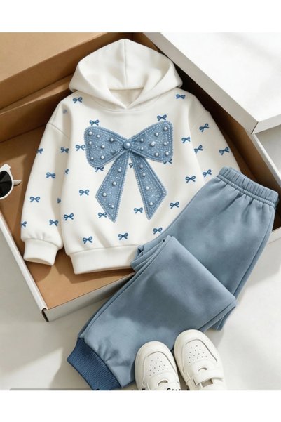 İBRE Pek - Stylish Fashion Ribbon Embroidered Pearl Patterned Girls' Hooded Set