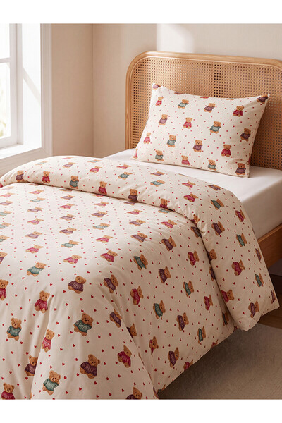 LC Waikiki Alita City Lcw Home Mixed Bear and Heart Printed Single Duvet Cove...