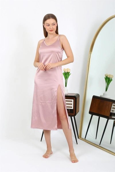 Mariposa Secret Slit Long Satin Nightgown Powder