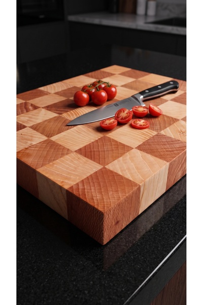 HZR Wood Doğal Ahşap End-Grain Kesme ve Sunum Tahtası - Damalı Profesyonel Şe...
