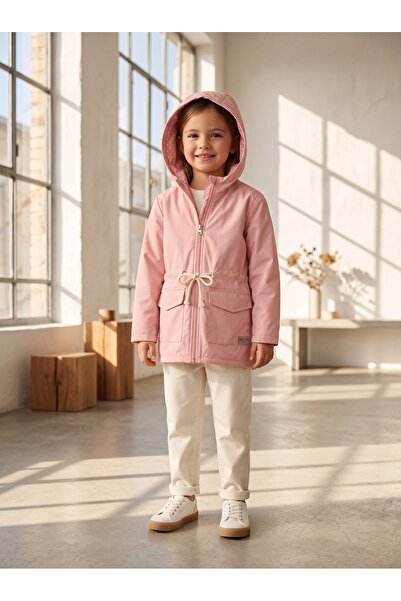 Deniva Kids Kız Çocuk Pudra Pembe İçi Puantiyeli Kapüşonlu Beli Bağcıklı Rüzg...