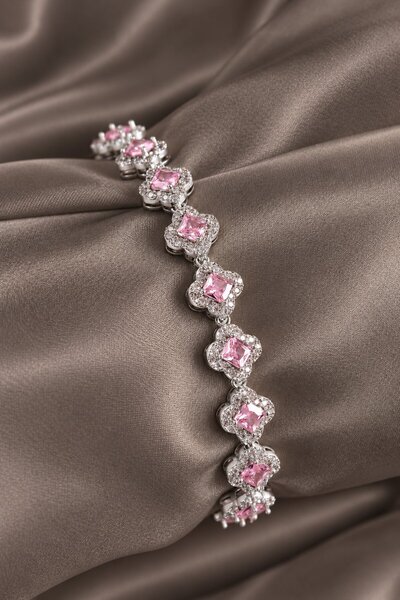 serelya Brass Zircon Stone Pink Clover Baguette Model Silver Color Vip Series...
