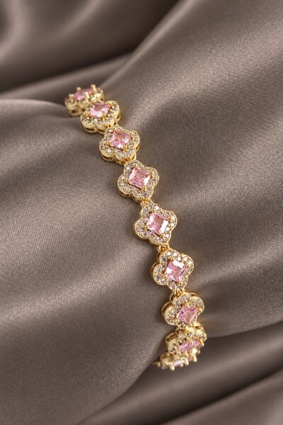 serelya Brass Zircon Stone Pink Clover Baguette Model Gold Color Vip Series W...