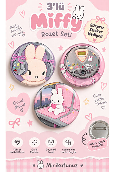 Tasarım Minikutunuz 3’lü Miffy Temalı İğneli Yaka Rozeti Seti – Sevimli Tavşa...