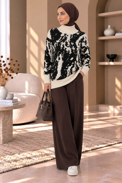 Cherry Butik Black Ecru Patterned Turtleneck Knitwear Tunic Women's Sweater