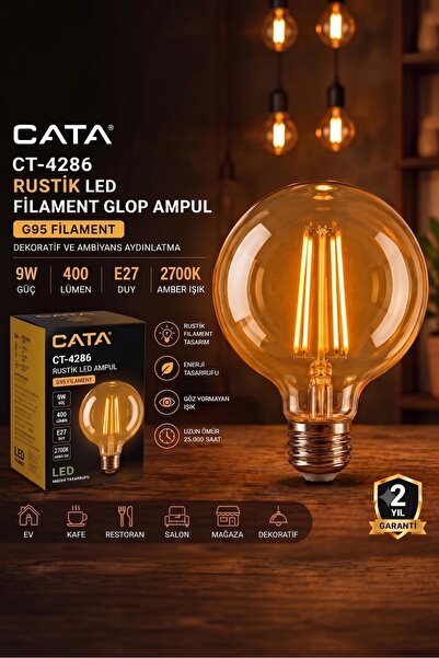 Cata CT-4286 9W Rustik LED Filament Glop Ampul G95 E27 2700K Amber Işık