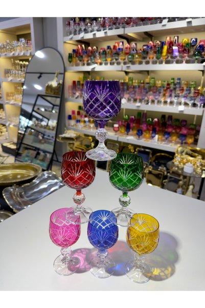 Vakıf home Bohemia Kristal Renkli El İşi Ayaklı Kahve Yanı Su Bardağı 150 ml