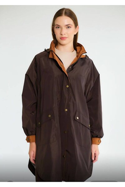 HOPEFUL DESİGN Women's Brown Hooded Water Repellent Long Raincoat Trench Coat