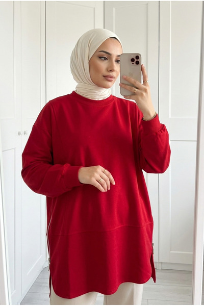 Kirazca Butik Women's Double Side Zipper Loose Cut Long Sweat Tunic