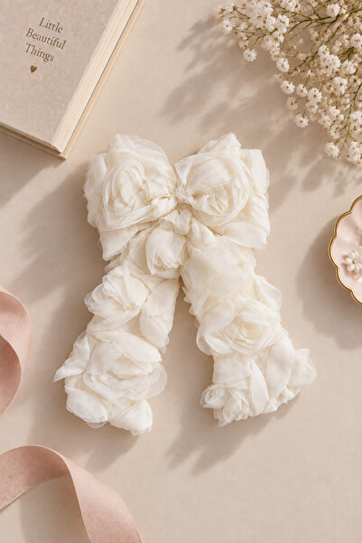 chipiques Ecru Three-Dimensional Rose Detailed Long Bow Hair Clip
