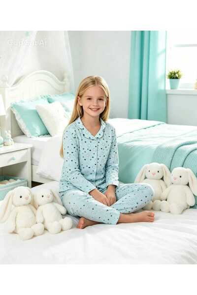 NiCe İç Giyim Girl's Aqua Green Rabbit Pattern Shirt Collar Buttoned Cotton C...