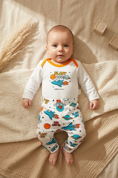 ANP MODA TASARIM Baby Boy 100% Cotton Rocket Patterned 2-Piece Set - Long Sle...