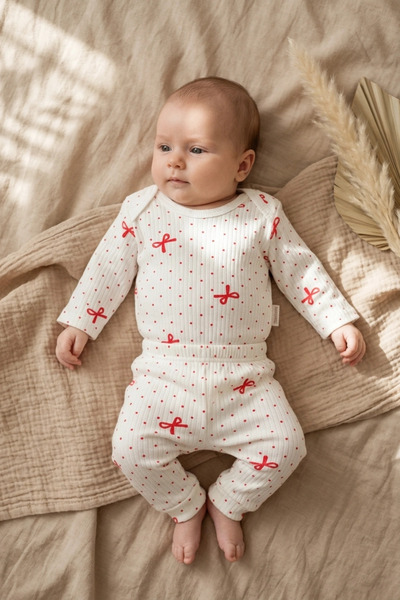 ANP MODA TASARIM Red Bow Patterned Double Ribbed 100% Cotton Baby Girl Set 3-...