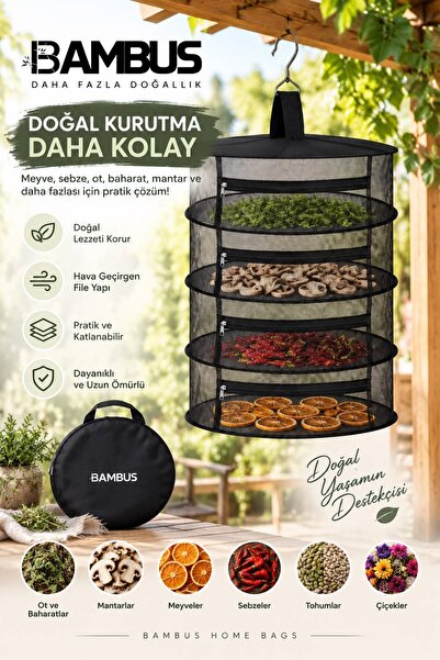 Bambus Fit 4 Katlı Bitki Kurutma Filesi Asılabilir Katlanabilir Çok Bölmeli K...