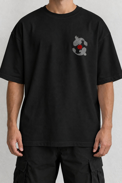 CrowsGate Koi Fish Minimal Front Print T-Shirt Black Oversize