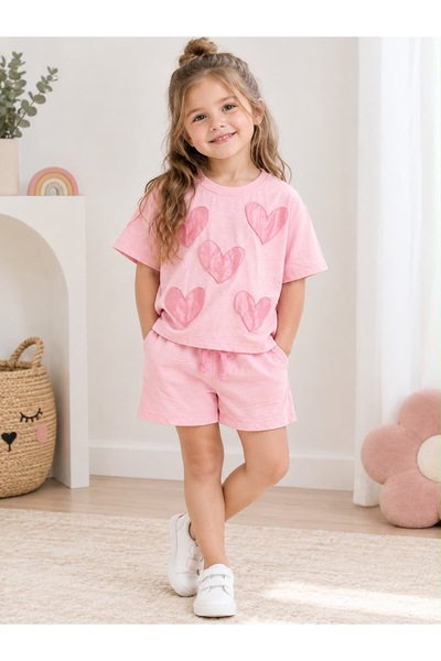moda rüyası Girl's Heart Shorts Set Pink Short Sleeve T-Shirt Shorts 4-5 Year...