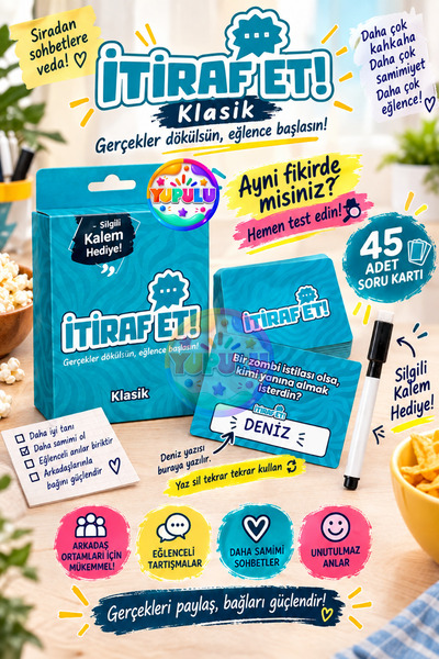 YUPULU İtiraf Et Klasik İtiraf ve Soru Kart Oyunu Silgili Kalem Hediyeli Arka...