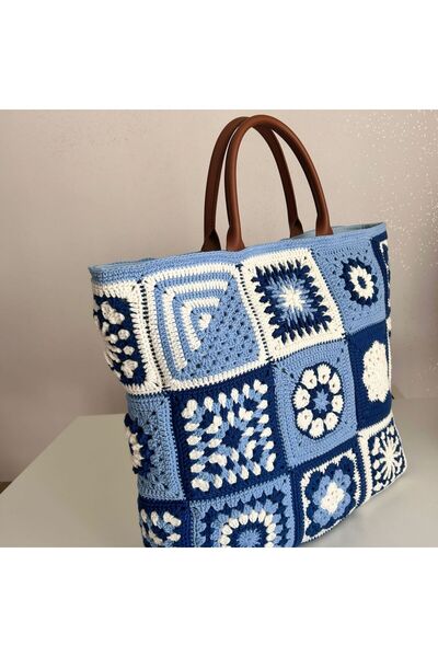 Crochet Bilgen El Örgüsü Granny Square Mavi Lacivert Kadın Omuz Çantası Büyük...