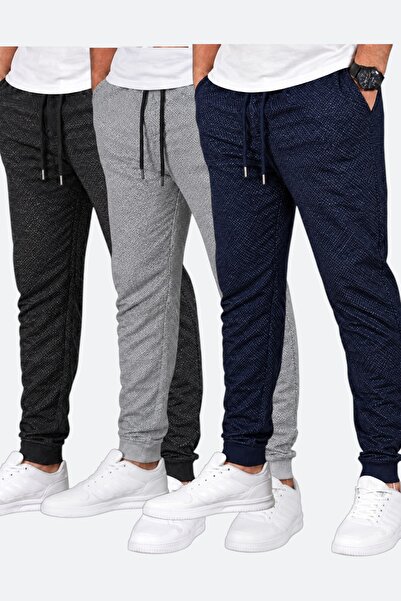 SURMARİ Set of 3 Unisex Rain Pattern Regular Fit Ribbed Leg Black, Gray, Navy...
