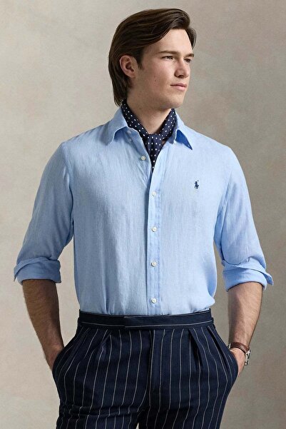 Ralph Lauren Blue Midilli Nakışlı Klasik Kesim Keten Gömlek