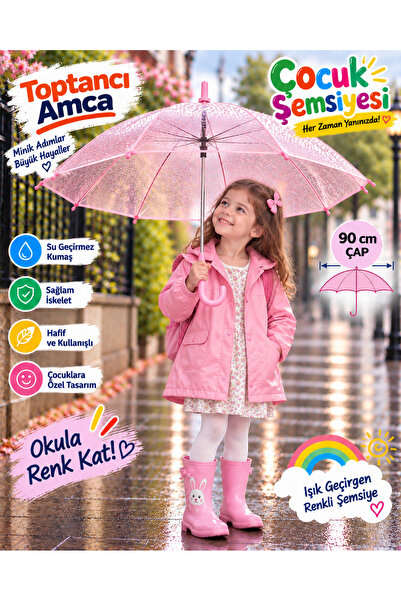 Toptancı Amca Çocuk Şemsiyesi 90 cm Renkli Şeffaf 8 Telli Işık Geçiren Yağmur...