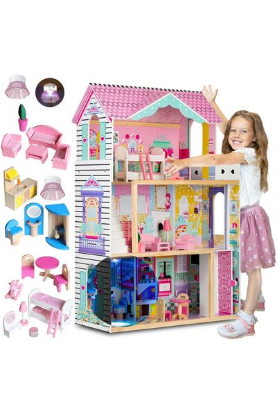 Ricokids Casă de păpuși mare din lemn cu 3 etaje, cu lift și lumină LED