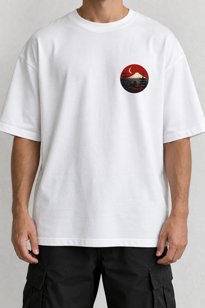 CrowsGate Fuji Temple in Moonlight Minimal Front Print T-Shirt White Oversize