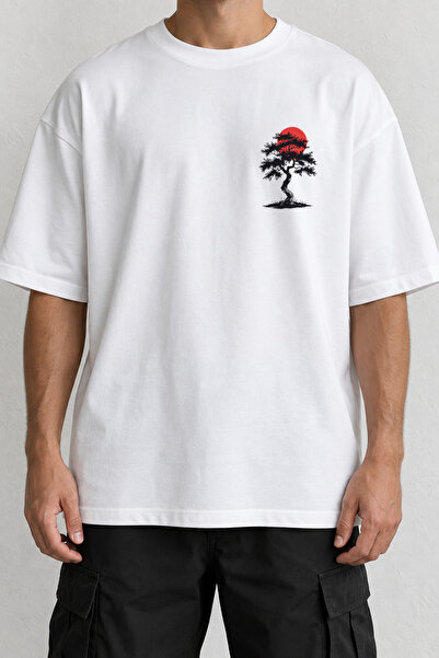 CrowsGate Tricou Red Sun Bonsai cu imprimeu frontal minimalist, alb, supradim...