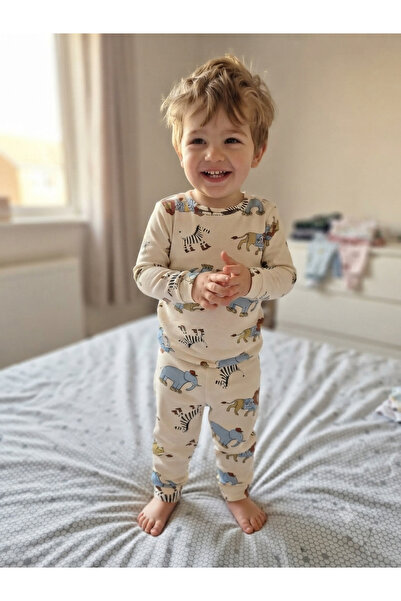 Erkek Bebek Uzun Kol Zebra Detaylı Pijama Takımı