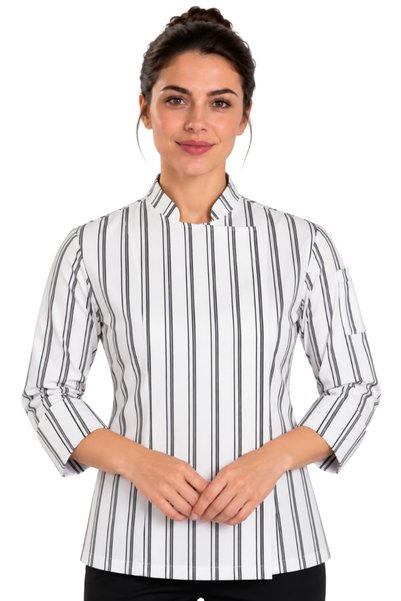 m matbah Belt Stripe Lycra Long Sleeve White Black Striped Fold-Over Cuff Wom...