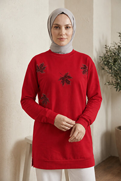 unika boutique Γυναικείο μακρύ φούτερ τουνίκ με πέτρινο κεντημένο σχέδιο φύλλων