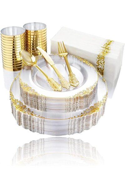 Sweet seven 175PCS Clear Gold Party Tableware Set - Plates, Cups, Cutlery, an...