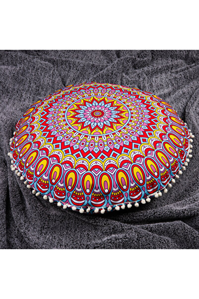 Renkli Bohem Mandala Desenli Ponponlu Yuvarlak Yer Minderi Kılıfı 70x70 cm
