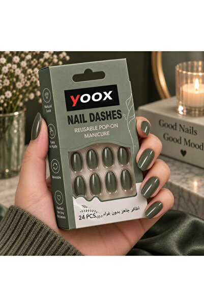 Yoox أظافر صناعية جاهزة من بلون أخضر زيتي أنيق، بتصميم لامع وطبيعي وسهلة التط...